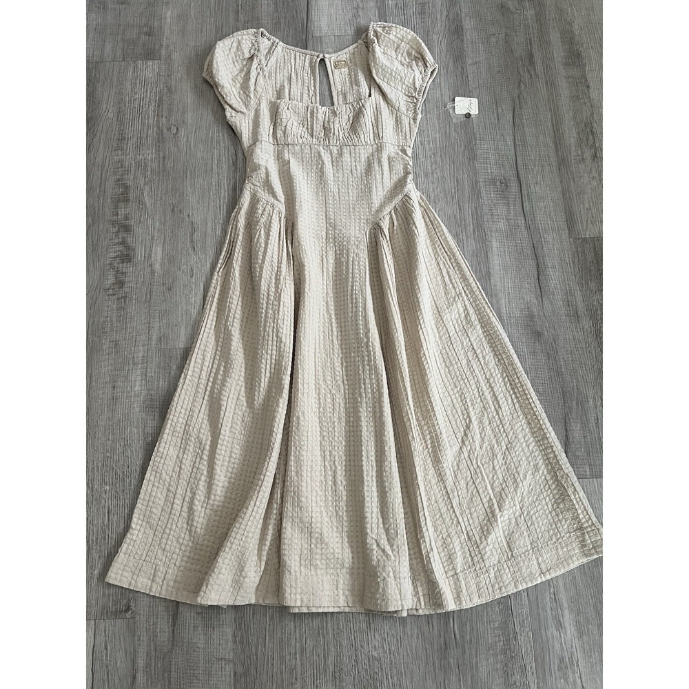 NWT Free People free-est Ciara Pucker Check Midi Dress Minimalist Size M Oatmeal - Picture 15 of 16